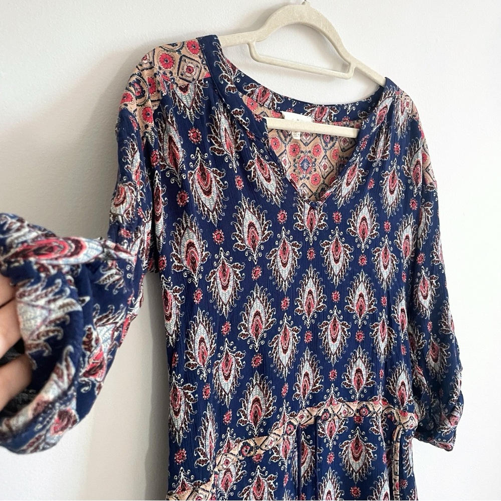 En Elly Blue 3/4 Sleeve Fitted Blouse with Pockets and Waist Tie, Bohemian Tunic